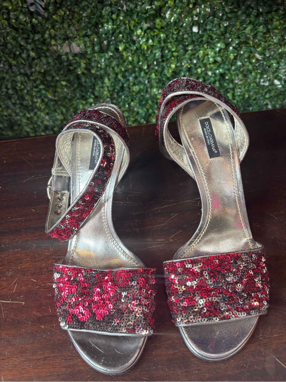 Dolce & Gabbana Red Sequin and Silver Metallic Strap Heels